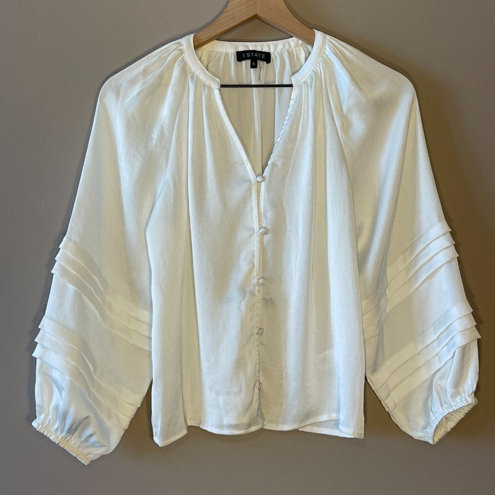 Women's S 1.State Button Front Blouse Pin Tuck Sleeves Long Sleeve V neck - Picture 5 of 10